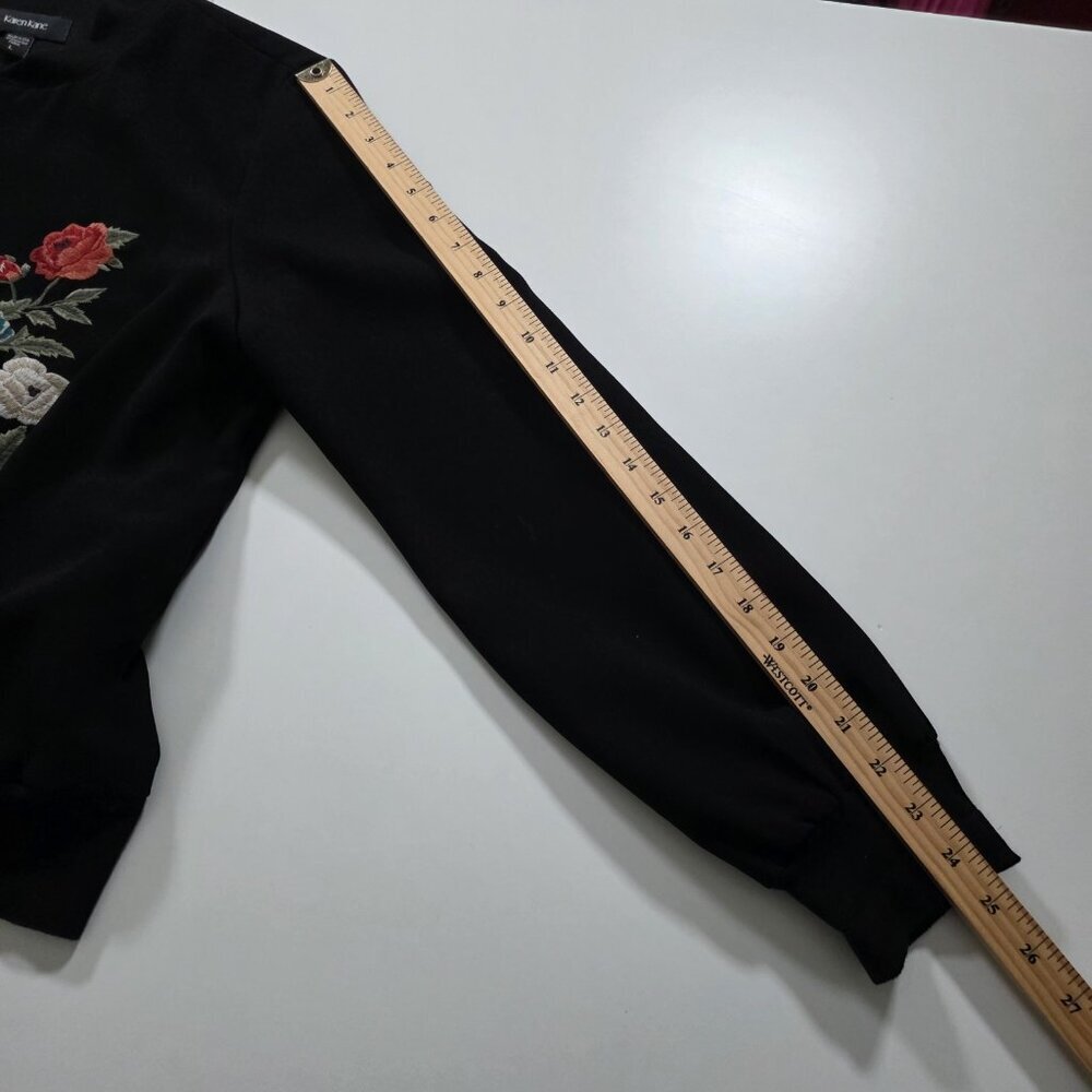 Karen Kane Floral Embroidered Bomber Jacket Womens L Black LS Zip Pockets Lined - Picture 6 of 16